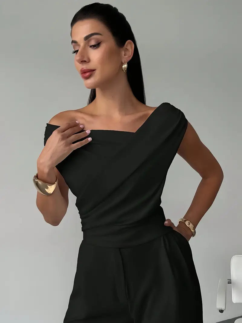 Women's Knit Draped Cross-Shoulder Short Sleeve Blouse