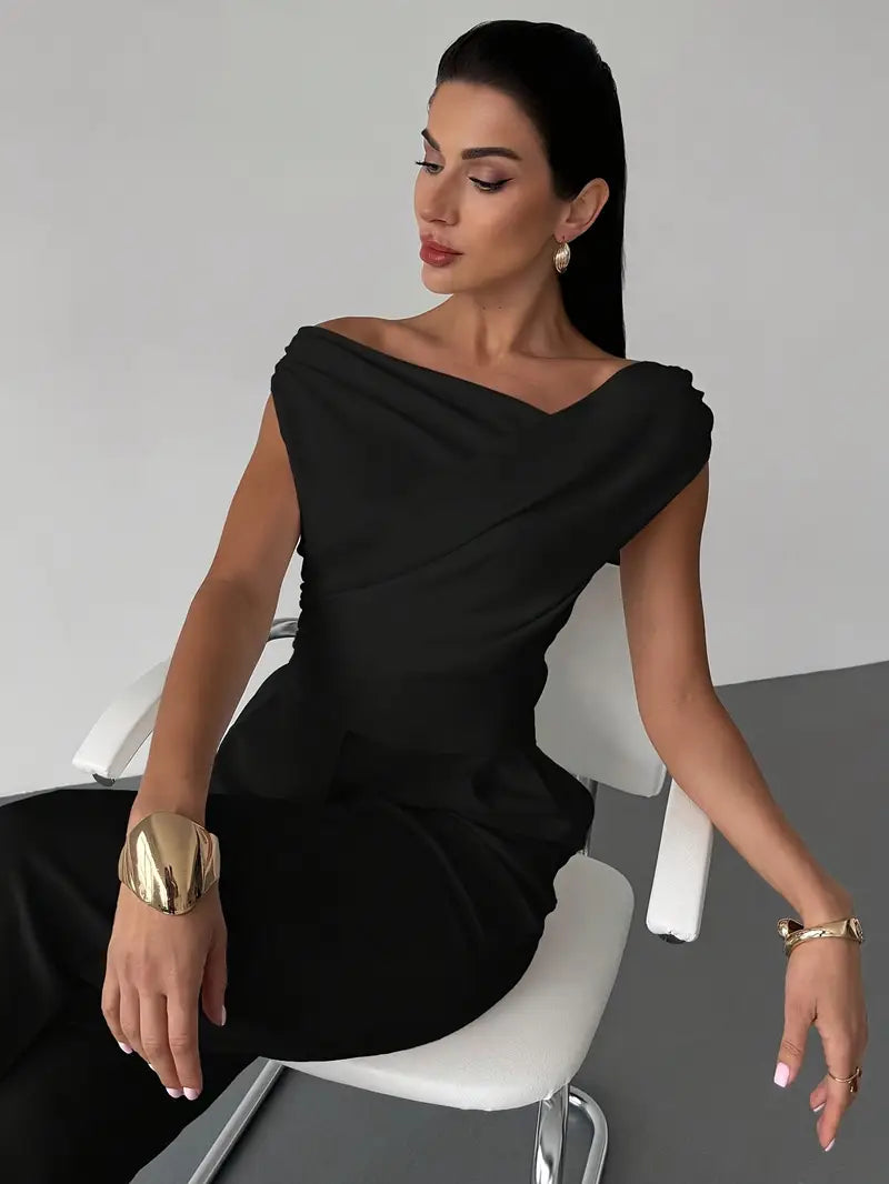 Women's Knit Draped Cross-Shoulder Short Sleeve Blouse