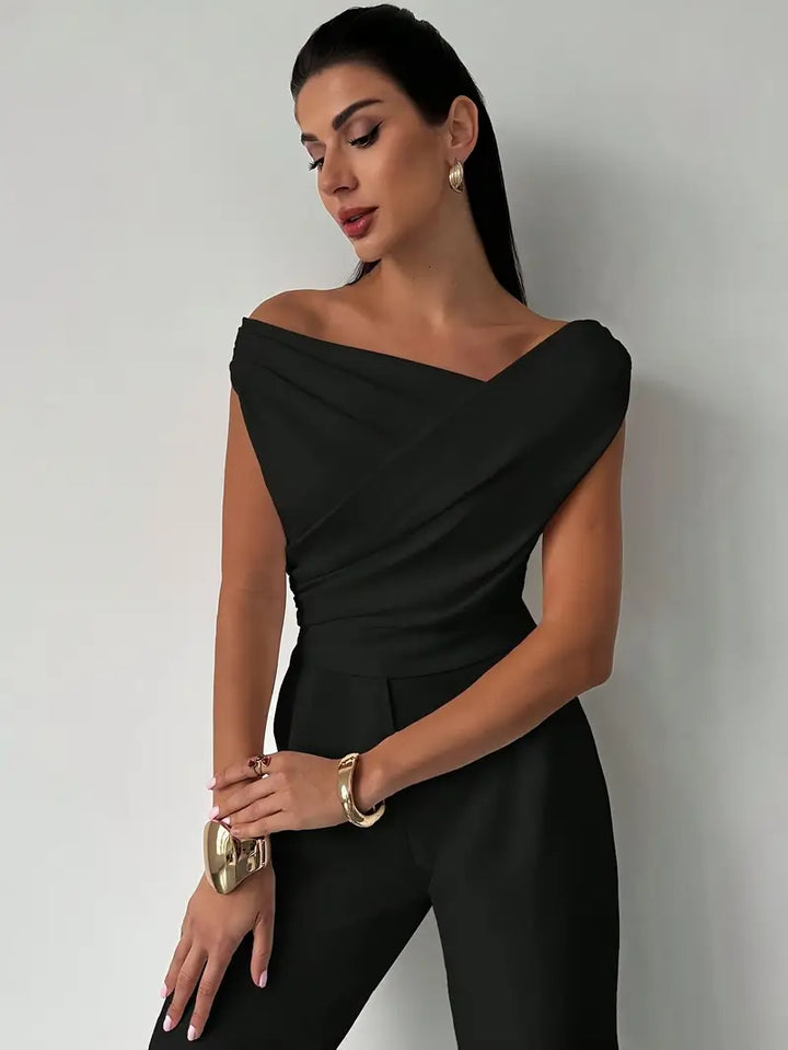 Women's Knit Draped Cross-Shoulder Short Sleeve Blouse