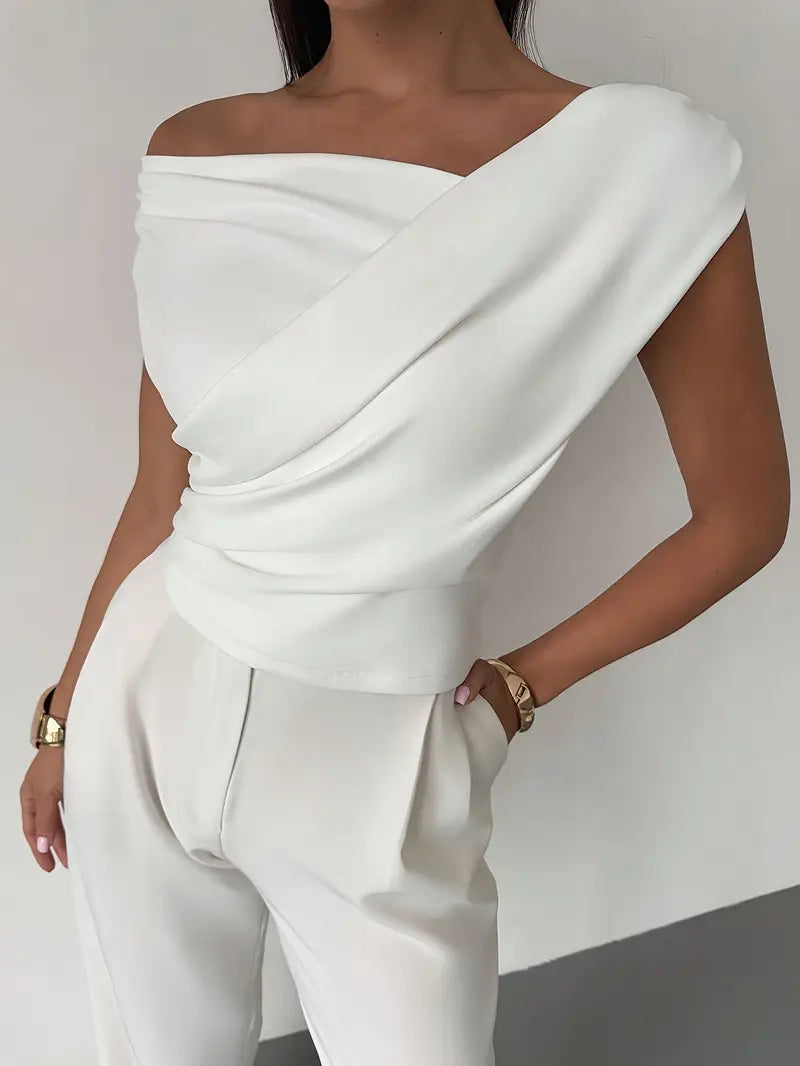 Women's Knit Draped Cross-Shoulder Short Sleeve Blouse