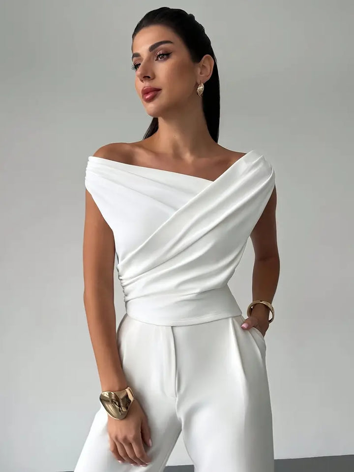 Women's Knit Draped Cross-Shoulder Short Sleeve Blouse