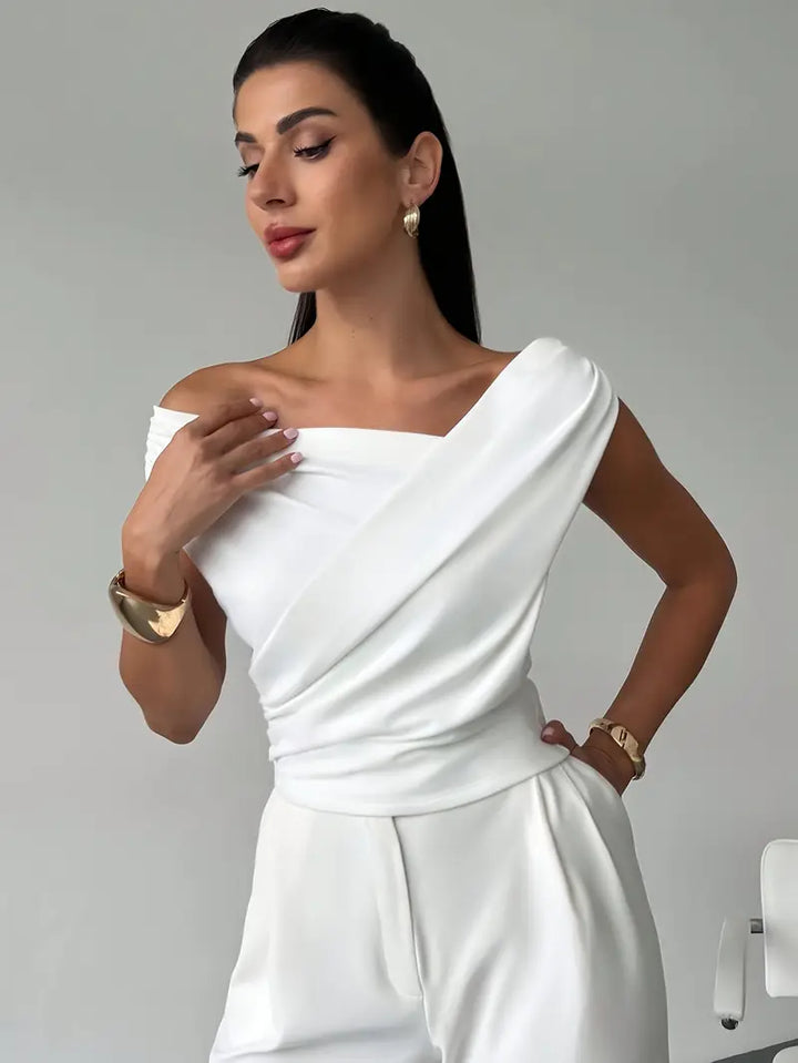 Women's Knit Draped Cross-Shoulder Short Sleeve Blouse