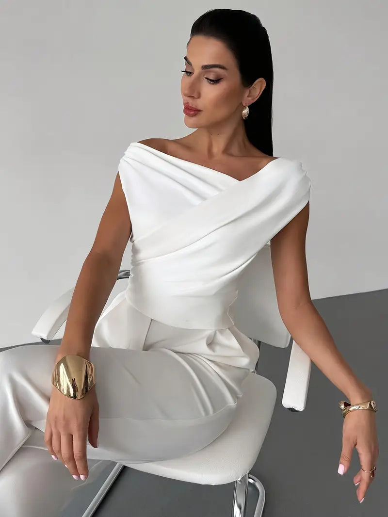 Women's Knit Draped Cross-Shoulder Short Sleeve Blouse