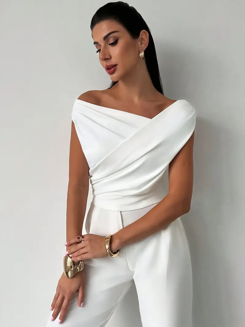 Women's Knit Draped Cross-Shoulder Short Sleeve Blouse