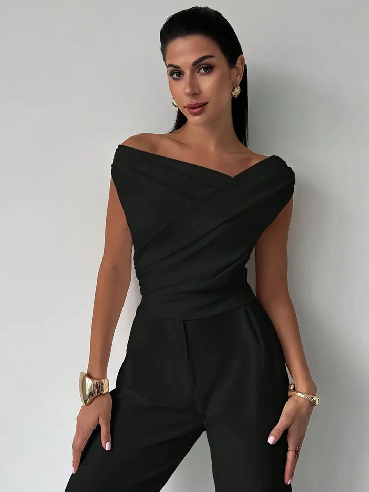 Women's Knit Draped Cross-Shoulder Short Sleeve Blouse
