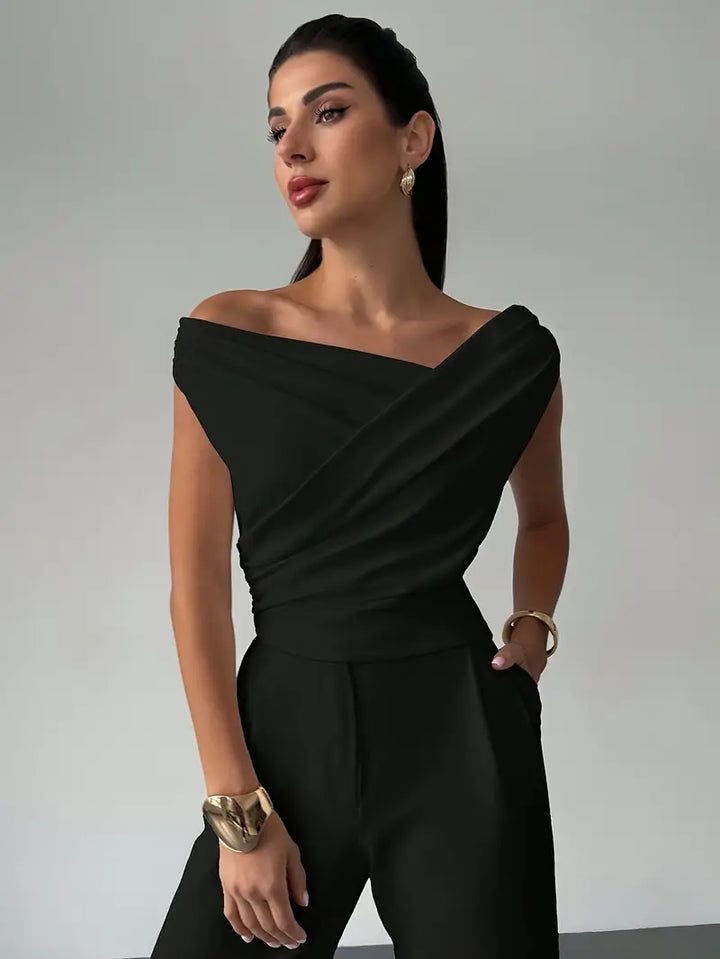 Women's Knit Draped Cross-Shoulder Short Sleeve Blouse