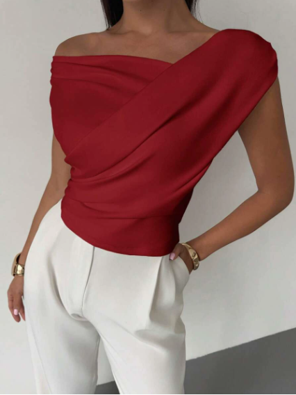 Women's Knit Draped Cross-Shoulder Short Sleeve Blouse