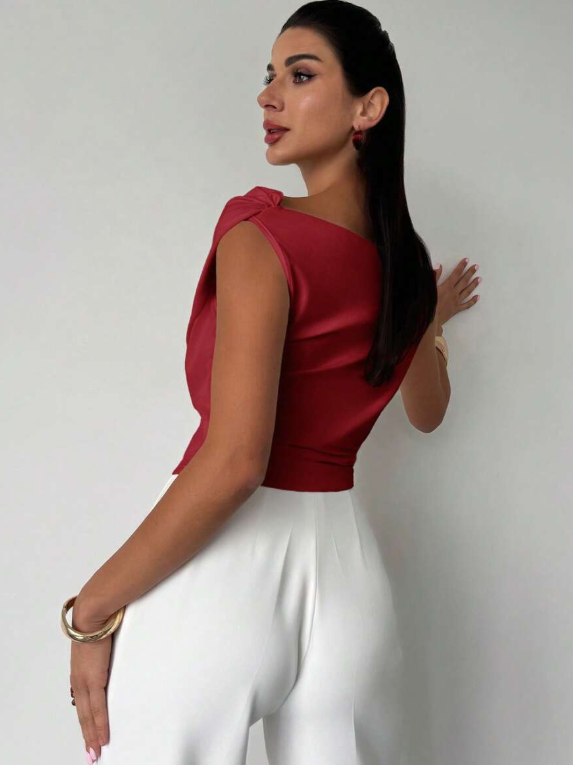 Women's Knit Draped Cross-Shoulder Short Sleeve Blouse