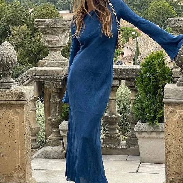 Women's Knit Linen Blend Long Sleeve Flare Cuff Maxi Dress
