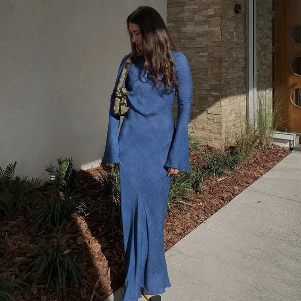 Women's Knit Linen Blend Long Sleeve Flare Cuff Maxi Dress