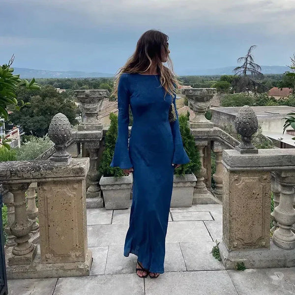 Women's Knit Linen Blend Long Sleeve Flare Cuff Maxi Dress