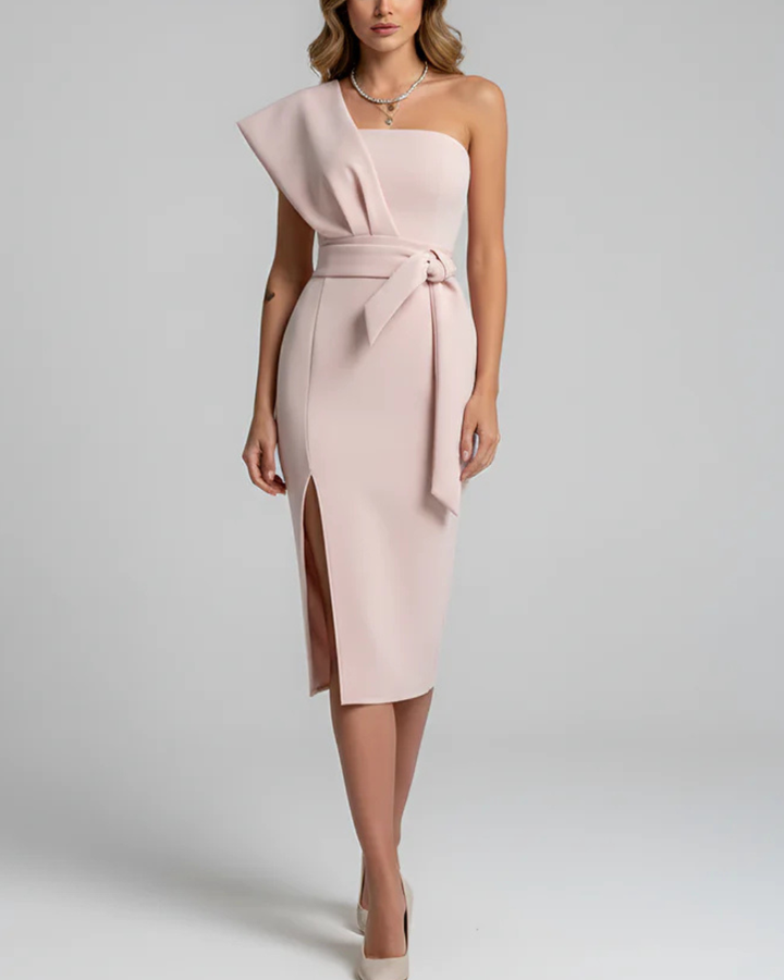 Women's One Shoulder Asymmetrical Crepe Midi Bodycon Dress