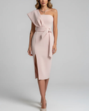 Women's One Shoulder Asymmetrical Crepe Midi Bodycon Dress