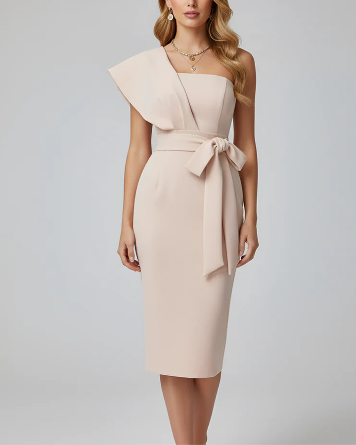 Women's One Shoulder Asymmetrical Crepe Midi Bodycon Dress