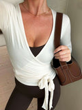 Women's Linen Long Sleeve V-Neck Wrap Top