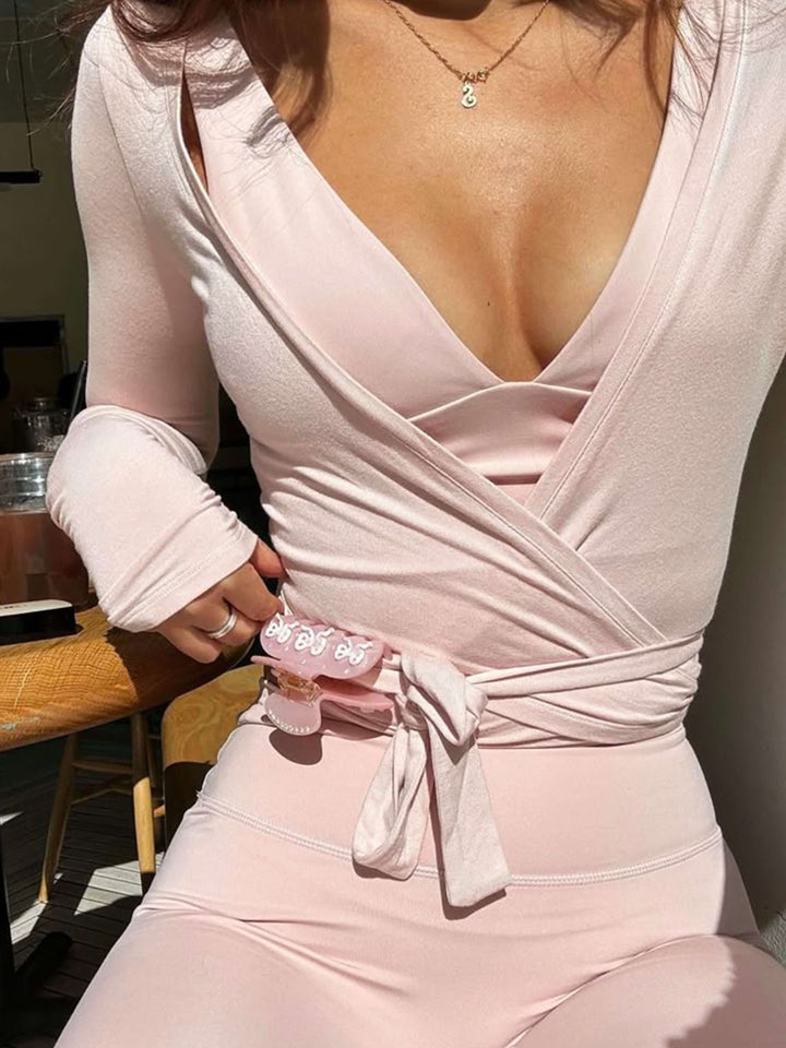 Women's Linen Long Sleeve V-Neck Wrap Top
