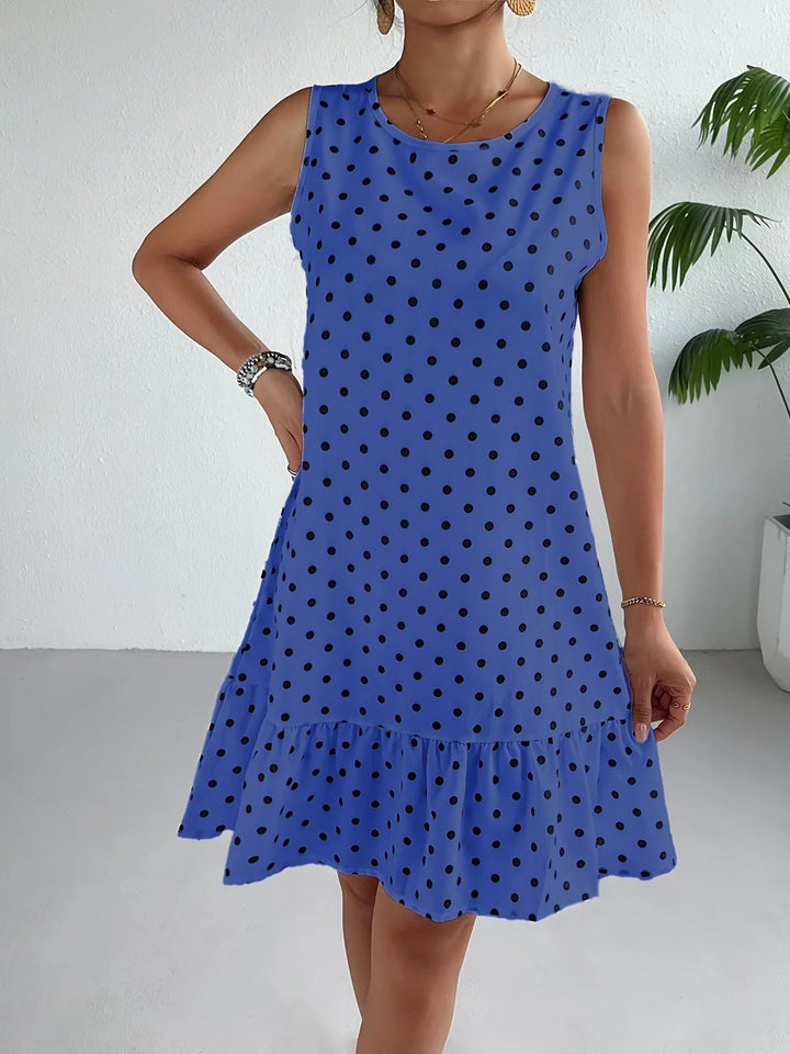 Robe droite sans manches en lin à pois pour femme avec ourlet à volants