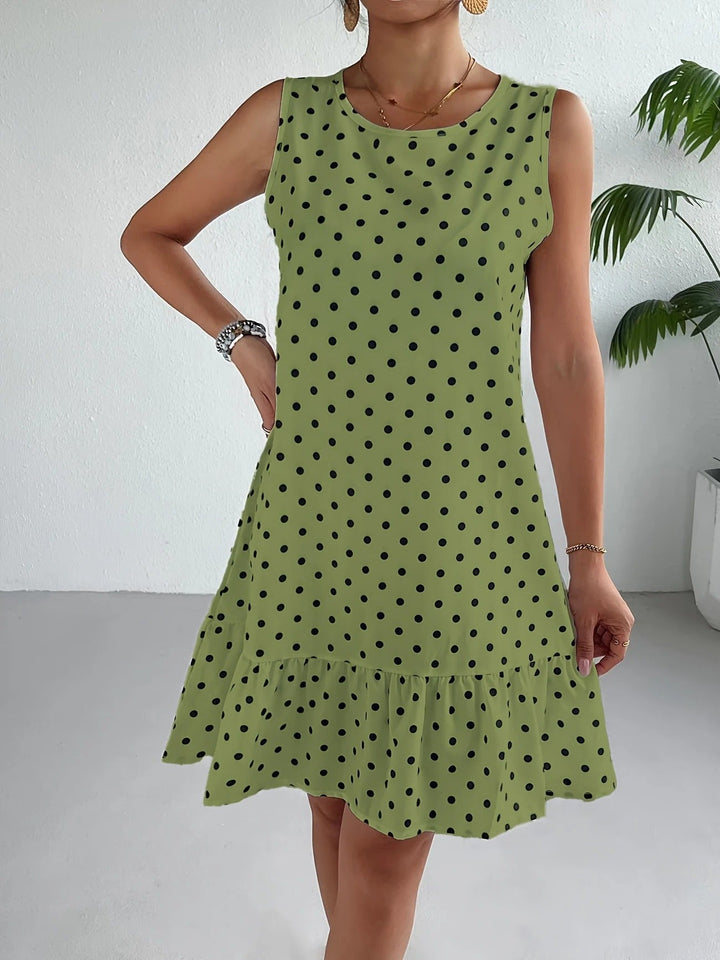 Robe droite sans manches en lin à pois pour femme avec ourlet à volants