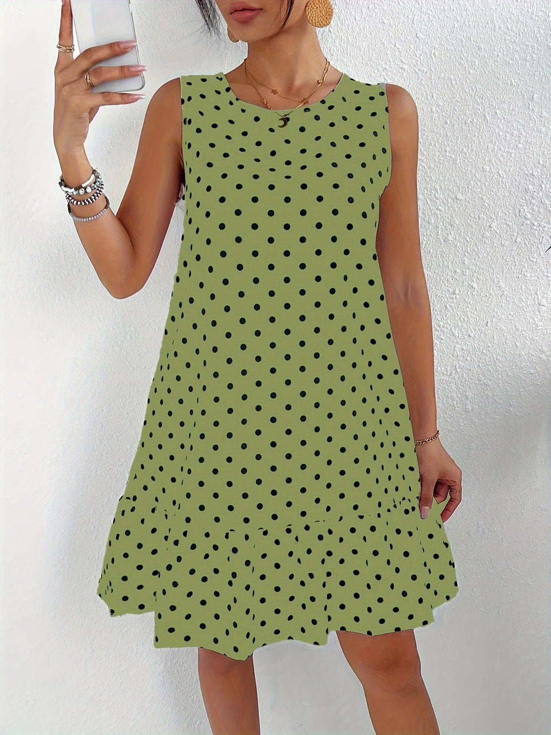 Robe droite sans manches en lin à pois pour femme avec ourlet à volants