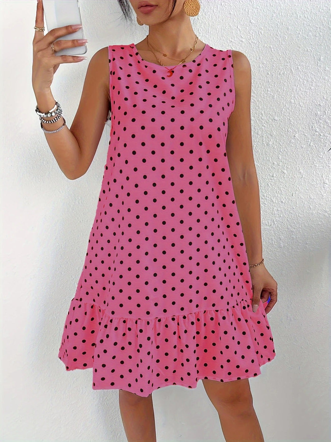 Robe droite sans manches en lin à pois pour femme avec ourlet à volants
