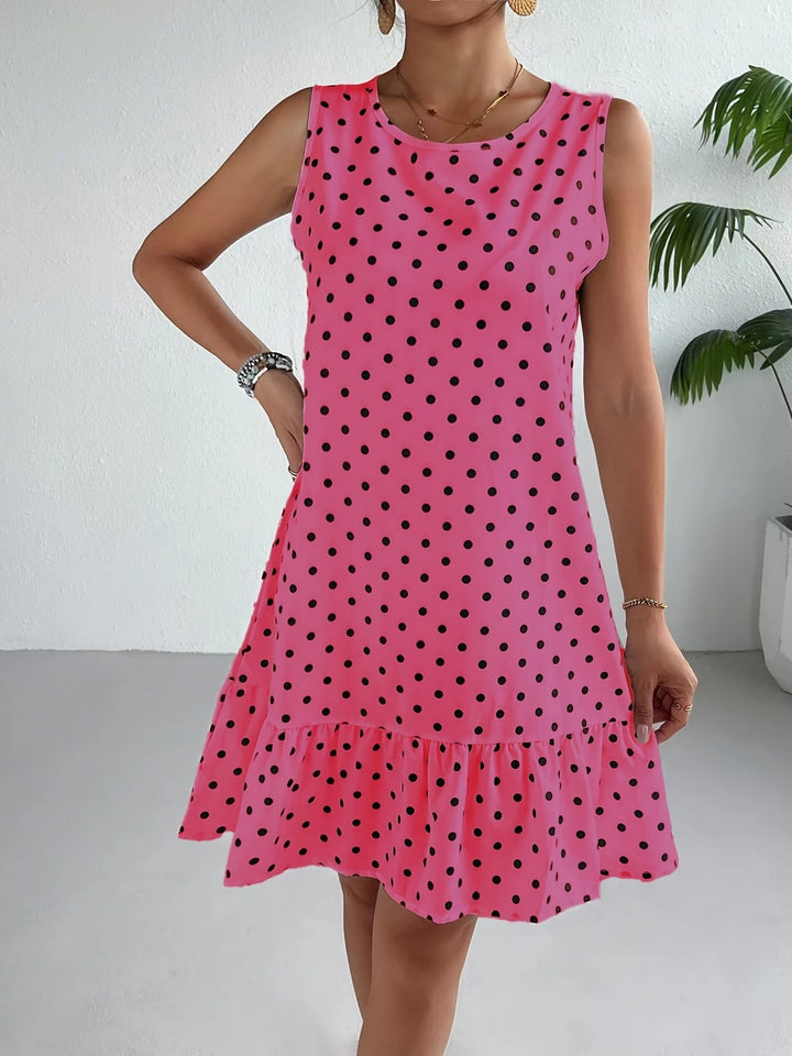 Robe droite sans manches en lin à pois pour femme avec ourlet à volants