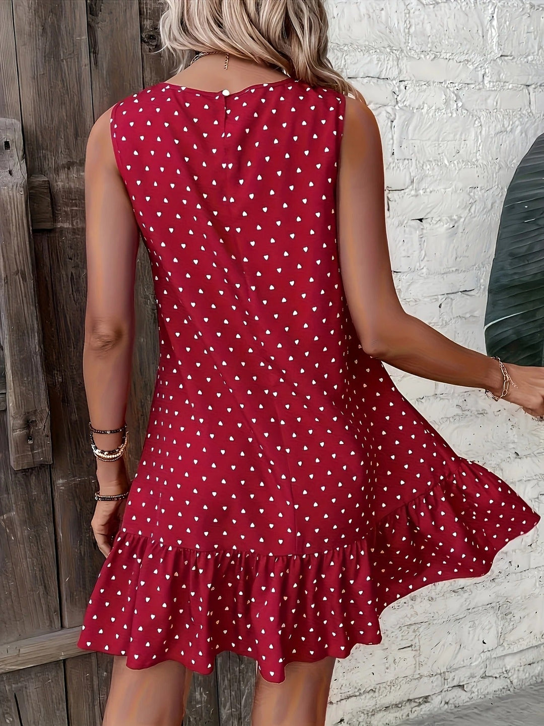 Robe droite sans manches en lin à pois pour femme avec ourlet à volants
