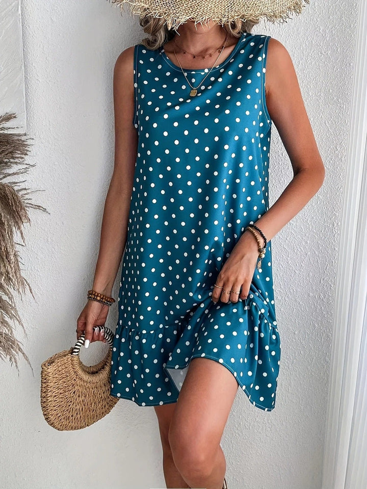 Robe droite sans manches en lin à pois pour femme avec ourlet à volants