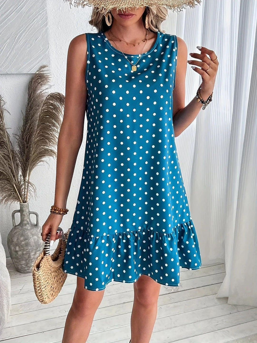 Robe droite sans manches en lin à pois pour femme avec ourlet à volants