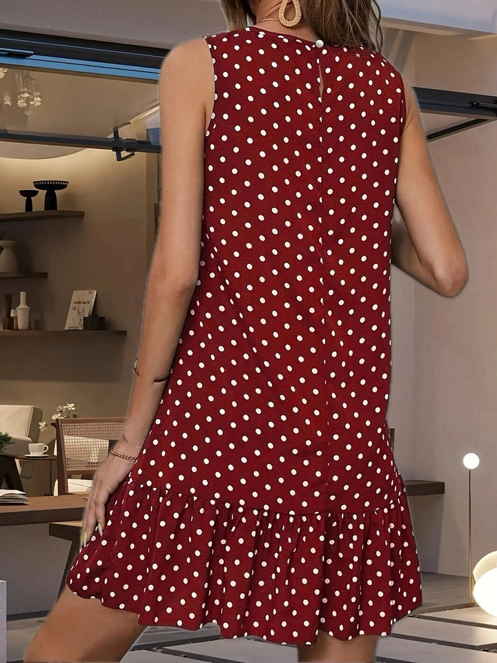Robe droite sans manches en lin à pois pour femme avec ourlet à volants
