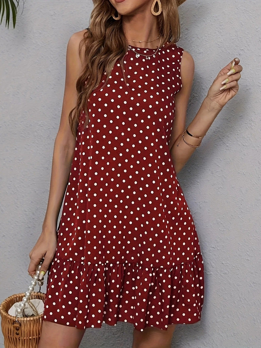 Robe droite sans manches en lin à pois pour femme avec ourlet à volants