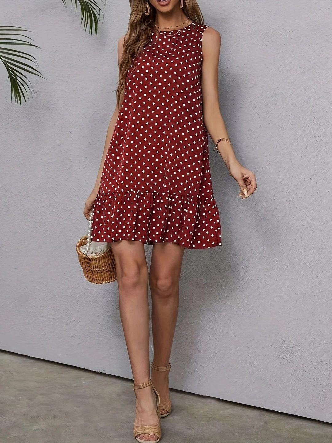 Robe droite sans manches en lin à pois pour femme avec ourlet à volants