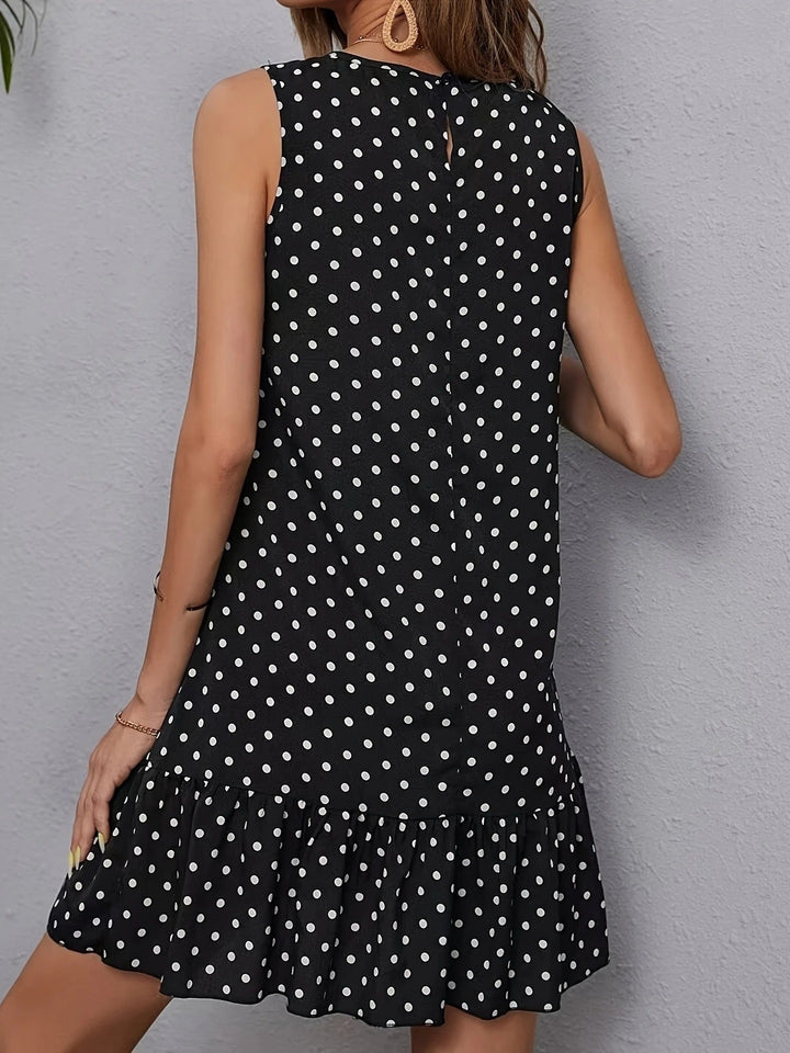 Robe droite sans manches en lin à pois pour femme avec ourlet à volants