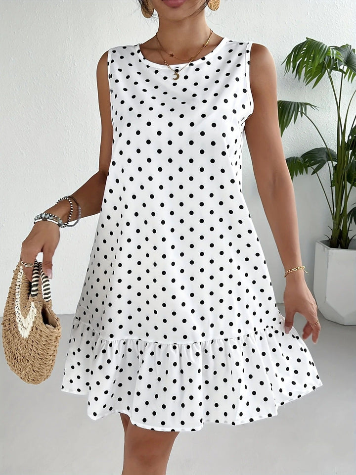 Robe droite sans manches en lin à pois pour femme avec ourlet à volants