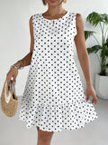 Robe droite sans manches en lin à pois pour femme avec ourlet à volants