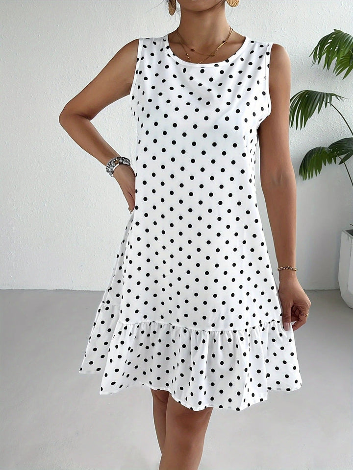 Robe droite sans manches en lin à pois pour femme avec ourlet à volants