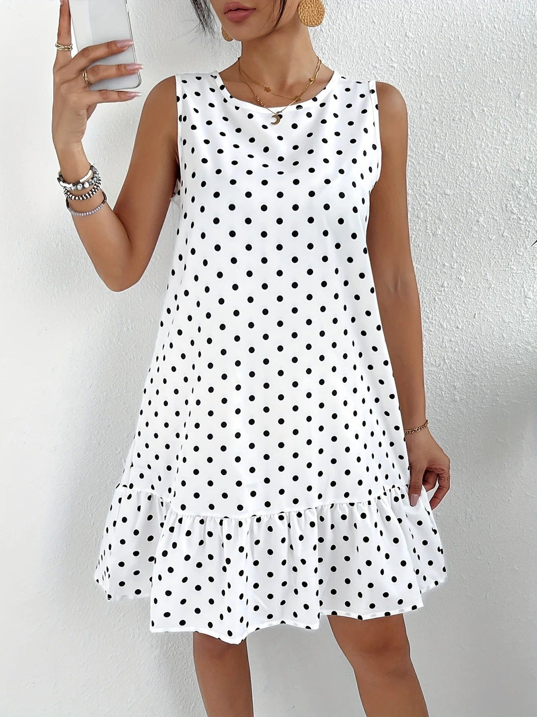 Robe droite sans manches en lin à pois pour femme avec ourlet à volants