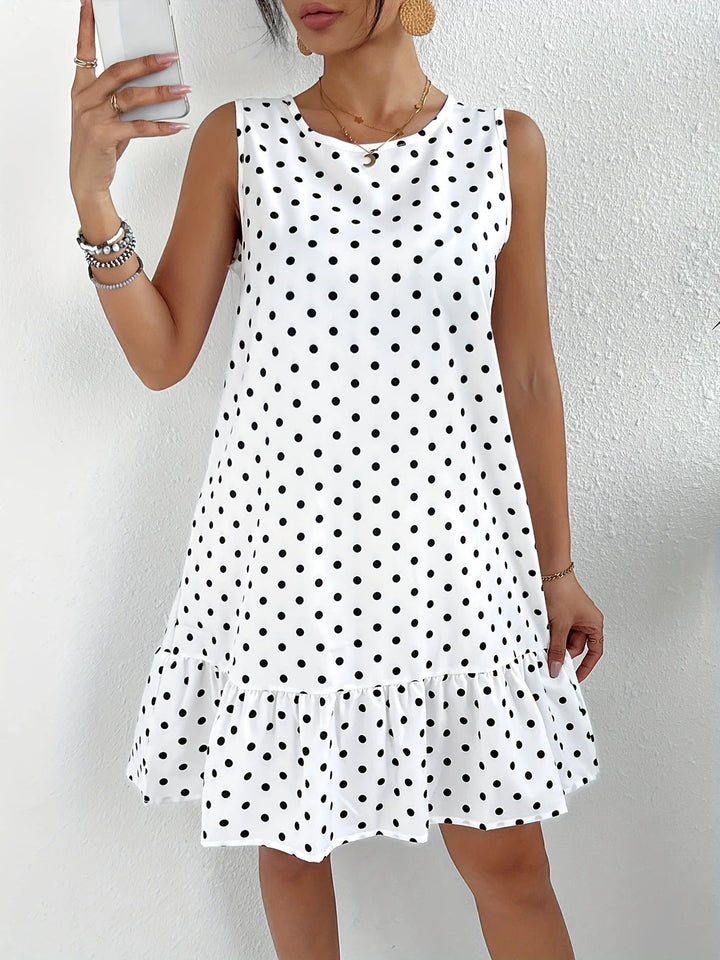 Robe droite sans manches en lin à pois pour femme avec ourlet à volants