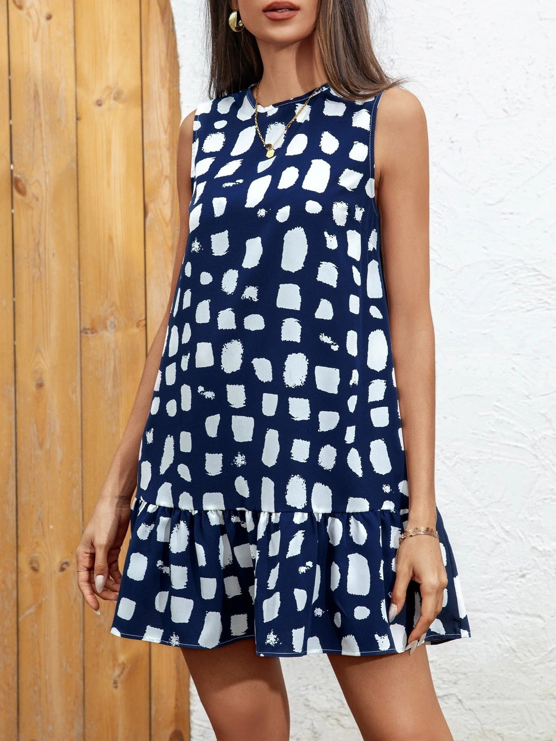 Robe droite sans manches en lin à pois pour femme avec ourlet à volants