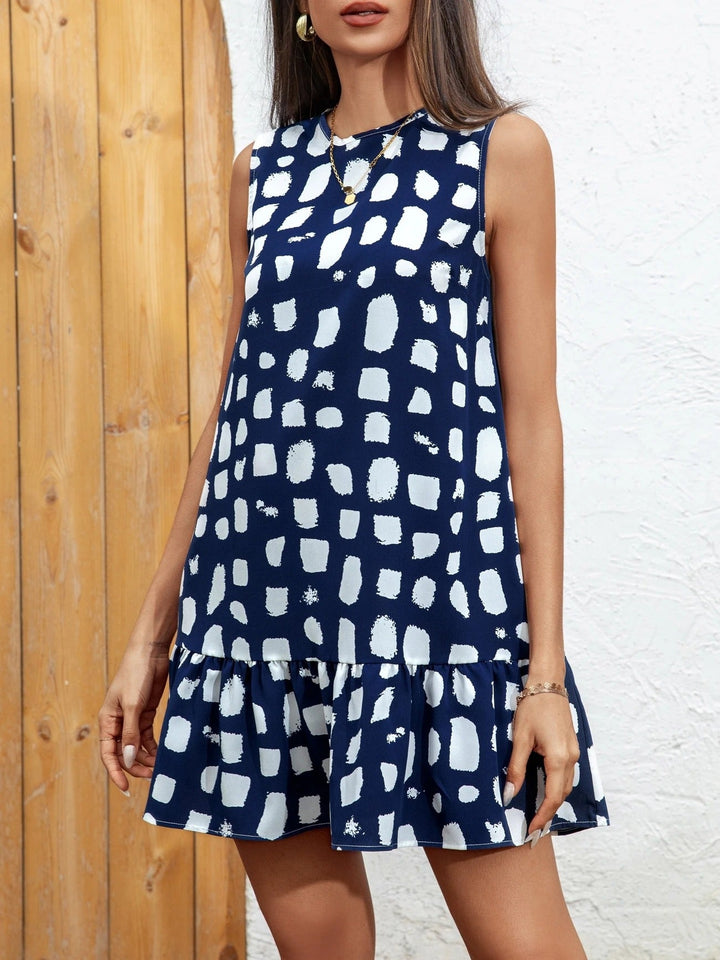 Robe droite sans manches en lin à pois pour femme avec ourlet à volants