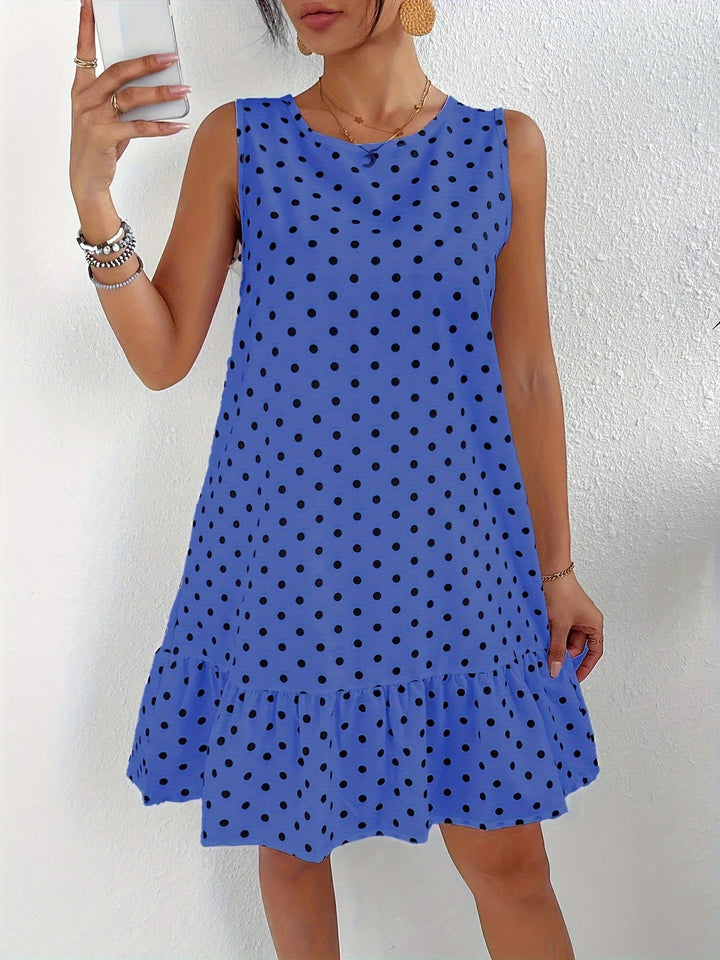 Robe droite sans manches en lin à pois pour femme avec ourlet à volants