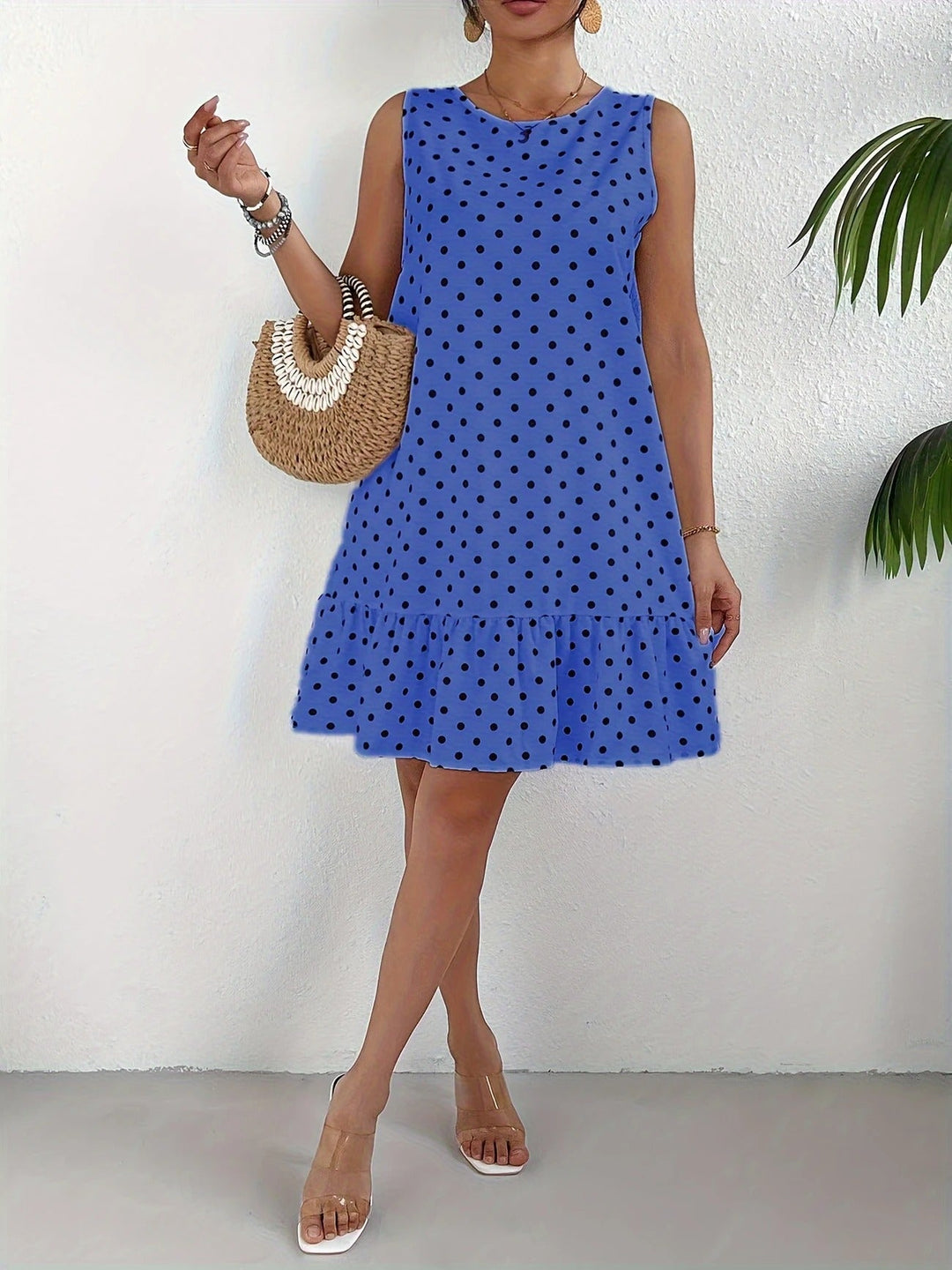 Robe droite sans manches en lin à pois pour femme avec ourlet à volants