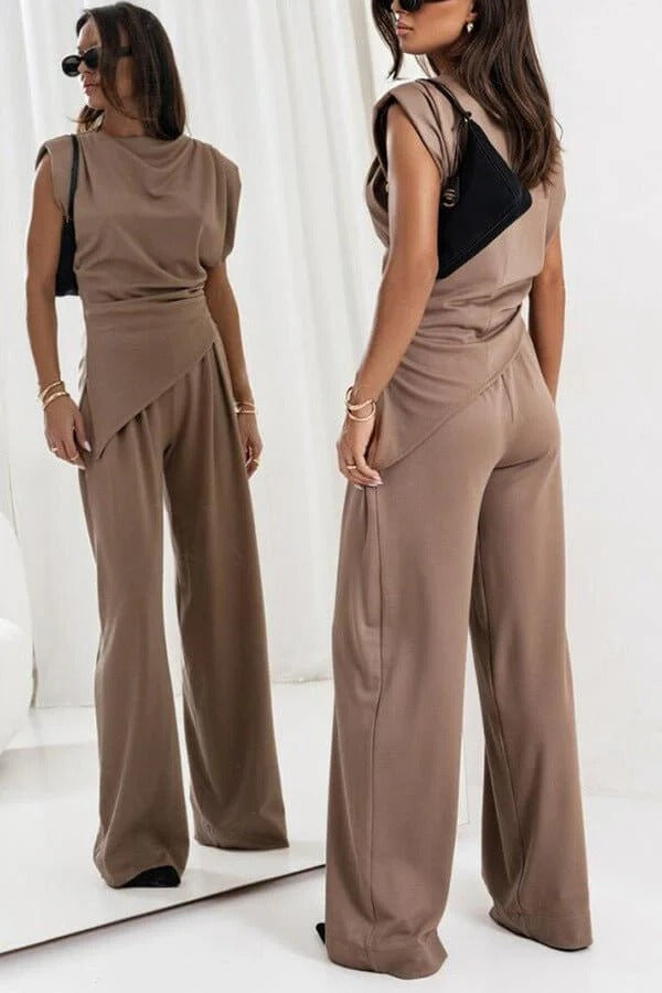 Women's 2 Piece Set Women High Waist Sleeveless Drape Top Wide Leg Suit