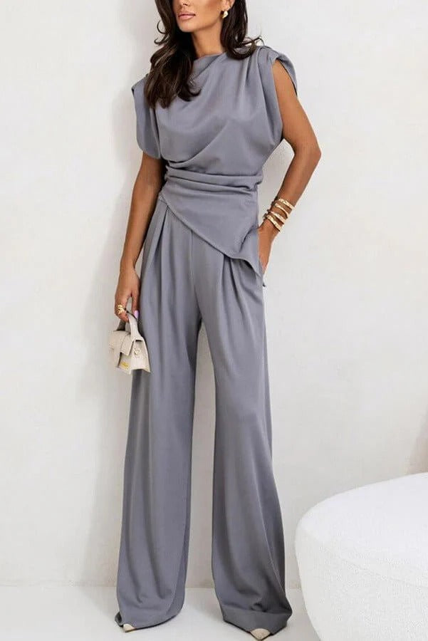 Women's 2 Piece Set Women High Waist Sleeveless Drape Top Wide Leg Suit