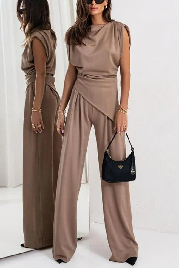 Women's 2 Piece Set Women High Waist Sleeveless Drape Top Wide Leg Suit