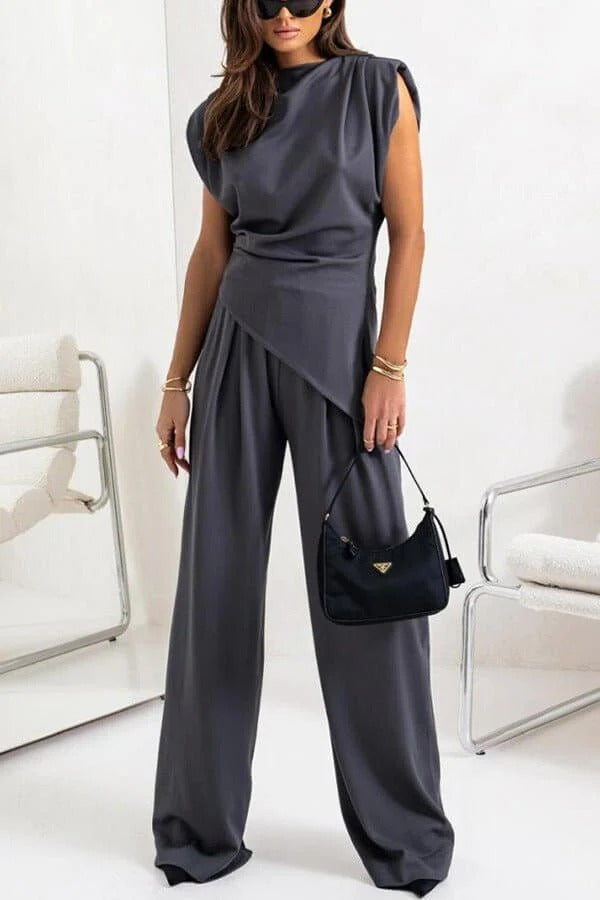 Women's 2 Piece Set Women High Waist Sleeveless Drape Top Wide Leg Suit