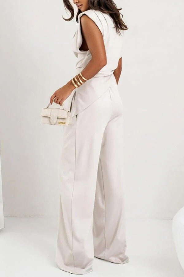 Women's 2 Piece Set Women High Waist Sleeveless Drape Top Wide Leg Suit