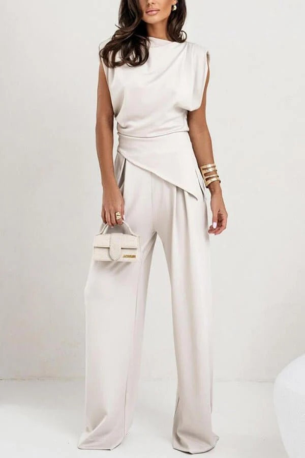 Women's 2 Piece Set Women High Waist Sleeveless Drape Top Wide Leg Suit