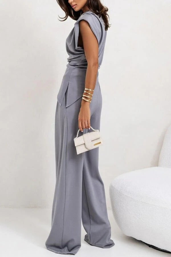 Women's 2 Piece Set Women High Waist Sleeveless Drape Top Wide Leg Suit