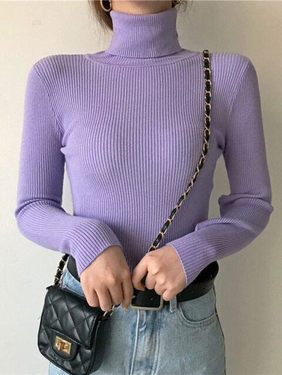 Women's Ribbed Turtleneck Long Sleeve Knit Pullover