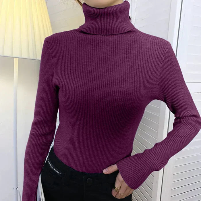 Women's Ribbed Turtleneck Long Sleeve Knit Pullover